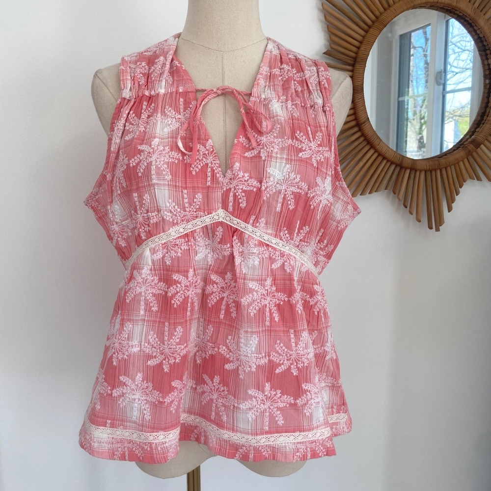 Vintage Y2K Pink White Plaid Palm Tree Embroidered Babydoll Tank L Cottagecore
